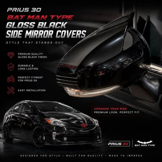 Gloss Black Side Mirror Covers For Toyota Prius XW30 2009-2015